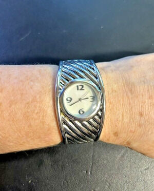 Vintage Designer Theme Silver Tone Cuff Watch Hinged Bracelet Fits Up to 7 Wrist